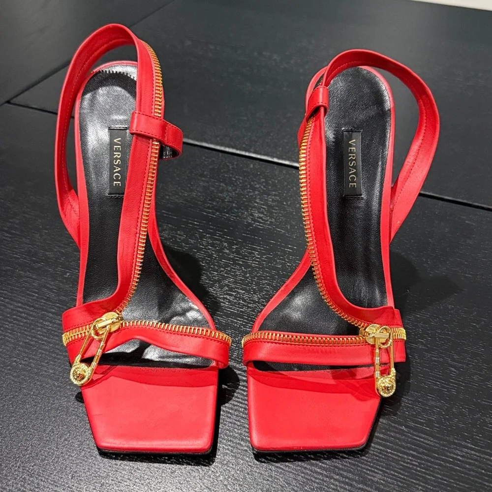 Versace Red Leather Zip Detail Heels | Size 38 | Gold Hardware - Picture 4 of 13